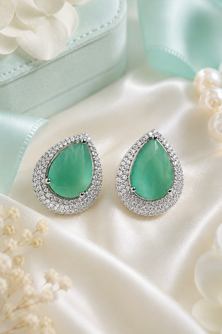 Rhodium finish serenity green halo earrings