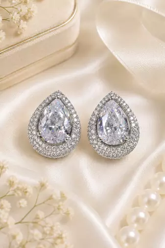 Rhodium finish crystal elegance halo earrings