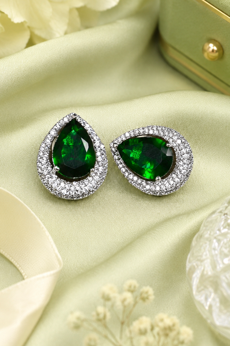 Rhodium finish emerald aura crystal earrings
