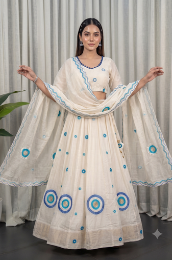 White Silk Designer Lehenga Choli with Circular Embroidery & Scalloped Dupatta