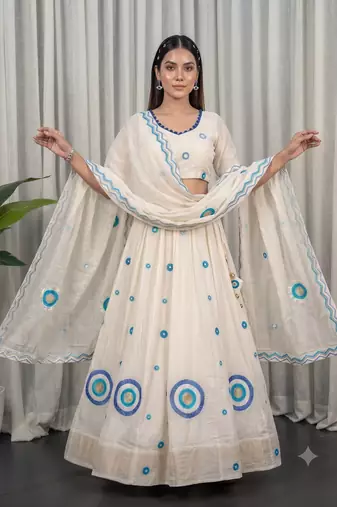 White Silk Designer Lehenga Choli with Circular Embroidery & Scalloped Dupatta