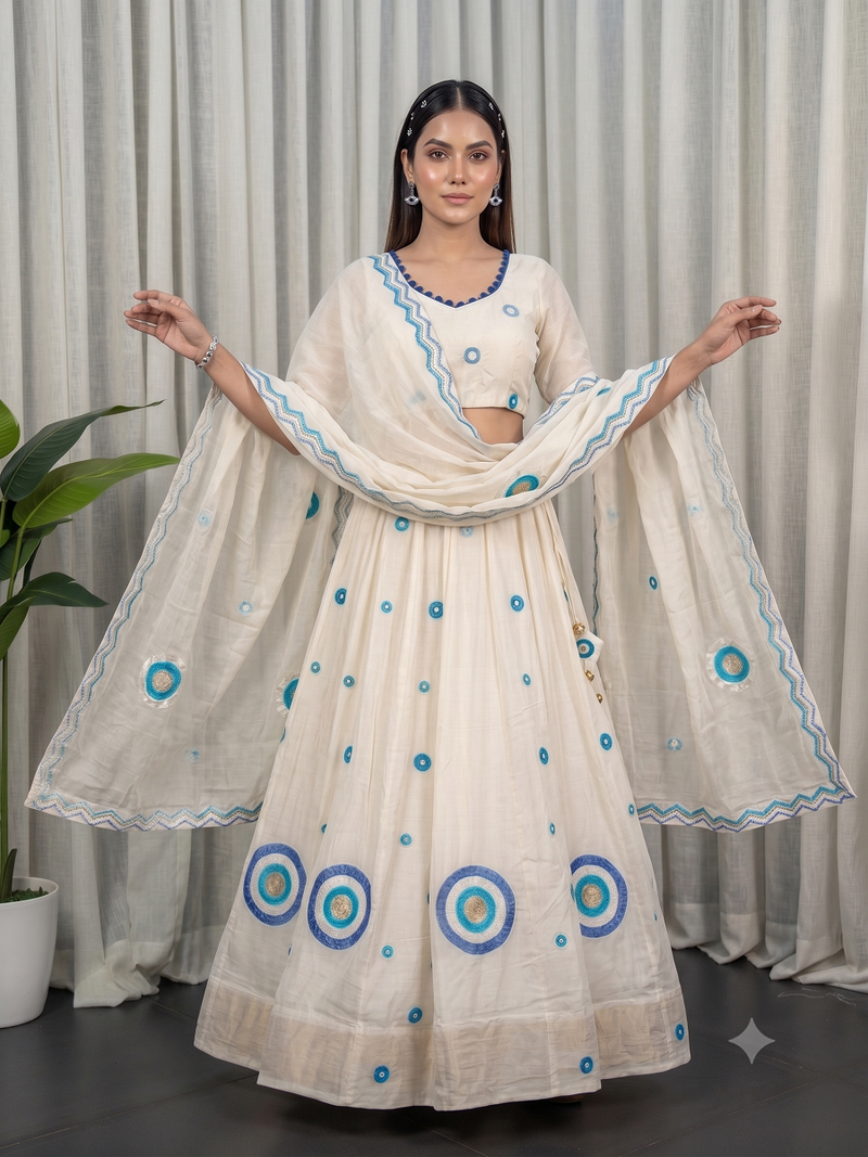 White Silk Designer Lehenga Choli with Circular Embroidery & Scalloped Dupatta