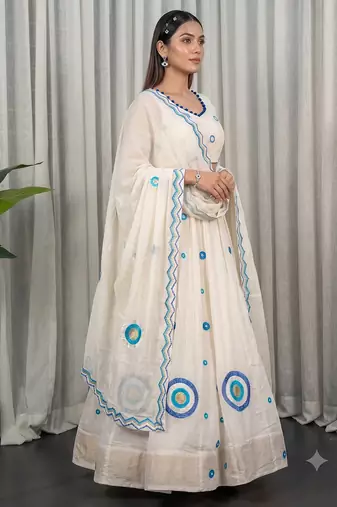 White Silk Designer Lehenga Choli with Circular Embroidery & Scalloped Dupatta