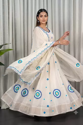 White Silk Designer Lehenga Choli with Circular Embroidery & Scalloped Dupatta