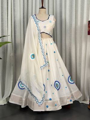 White Silk Designer Lehenga Choli with Circular Embroidery & Scalloped Dupatta 4