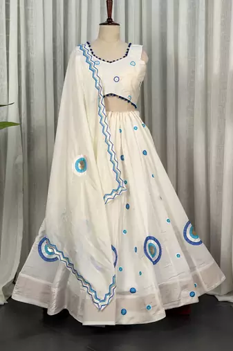 White Silk Designer Lehenga Choli with Circular Embroidery & Scalloped Dupatta