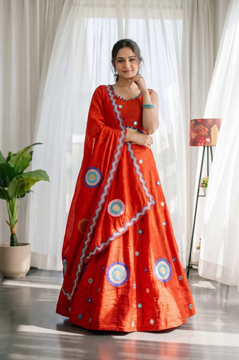 Orange silk blend Lehenga Choli with Circular Embroidery & Scalloped Dupatta