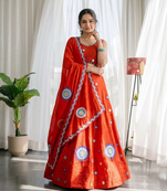 Orange silk blend Lehenga Choli with Circular Embroidery & Scalloped Dupatta