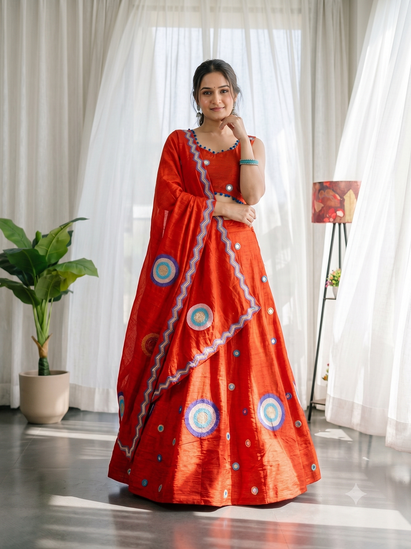 Orange silk blend Lehenga Choli with Circular Embroidery & Scalloped Dupatta