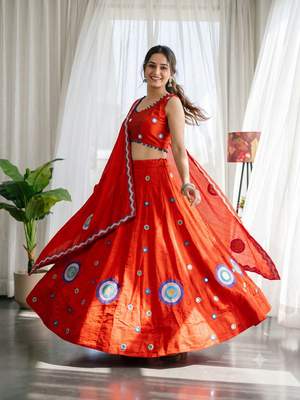 Orange silk blend Lehenga Choli with Circular Embroidery & Scalloped Dupatta 2