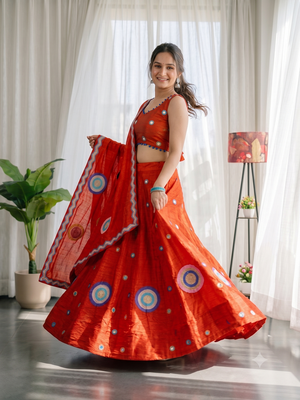 Orange silk blend Lehenga Choli with Circular Embroidery & Scalloped Dupatta 3