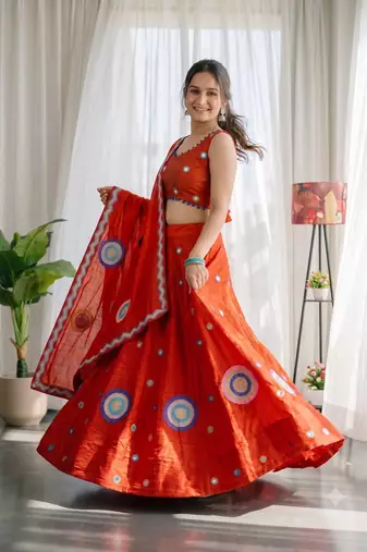 Orange silk blend Lehenga Choli with Circular Embroidery & Scalloped Dupatta