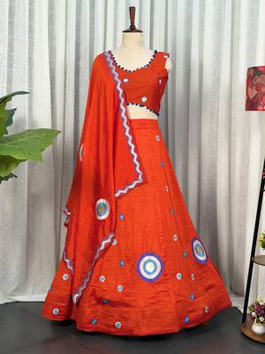 Orange silk blend Lehenga Choli with Circular Embroidery & Scalloped Dupatta 4