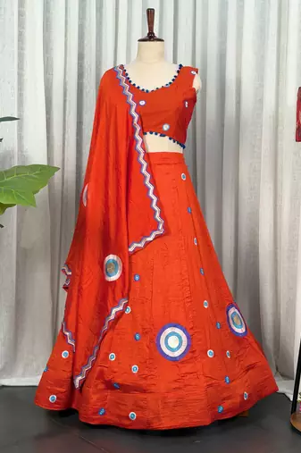 Orange silk blend Lehenga Choli with Circular Embroidery & Scalloped Dupatta