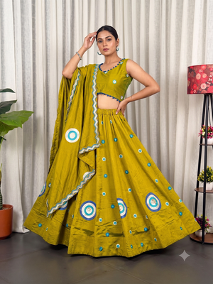 Olive Green silk blend Lehenga Choli with Circular Embroidery & Scalloped Dupatta 1