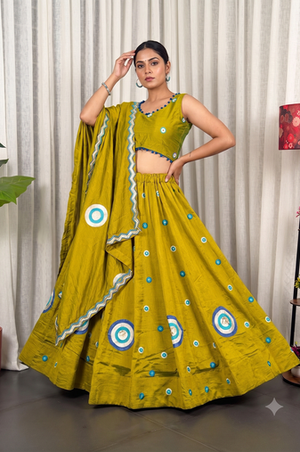 Olive Green silk blend Lehenga Choli with Circular Embroidery & Scalloped Dupatta
