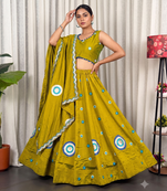 Olive Green silk blend Lehenga Choli with Circular Embroidery & Scalloped Dupatta