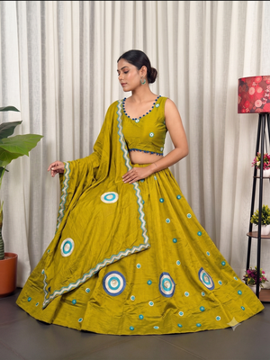 Olive Green silk blend Lehenga Choli with Circular Embroidery & Scalloped Dupatta 2
