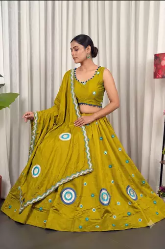 Olive Green silk blend Lehenga Choli with Circular Embroidery & Scalloped Dupatta