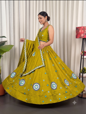 Olive Green silk blend Lehenga Choli with Circular Embroidery & Scalloped Dupatta 3