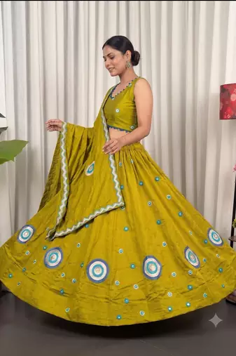 Olive Green silk blend Lehenga Choli with Circular Embroidery & Scalloped Dupatta