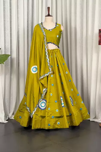 Olive Green silk blend Lehenga Choli with Circular Embroidery & Scalloped Dupatta