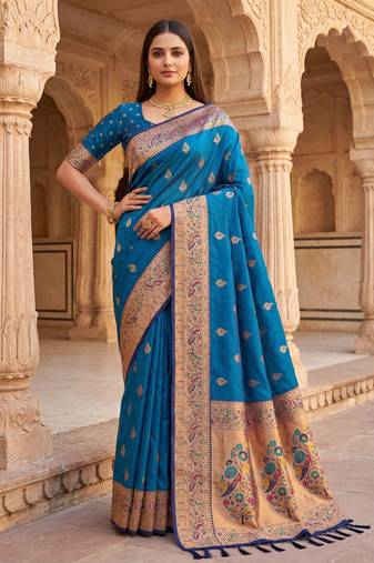 blue faux silk blend saree with paithani rich weaved pallu and blouse
