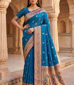 Blue  faux banarasi silk saree with paithani rich weaved pallu and blouse