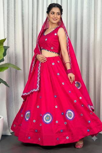 Rani Pink silk blend Lehenga Choli with Circular Embroidery & Scalloped Dupatta