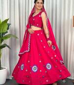 Rani Pink silk blend Lehenga Choli with Circular Embroidery & Scalloped Dupatta