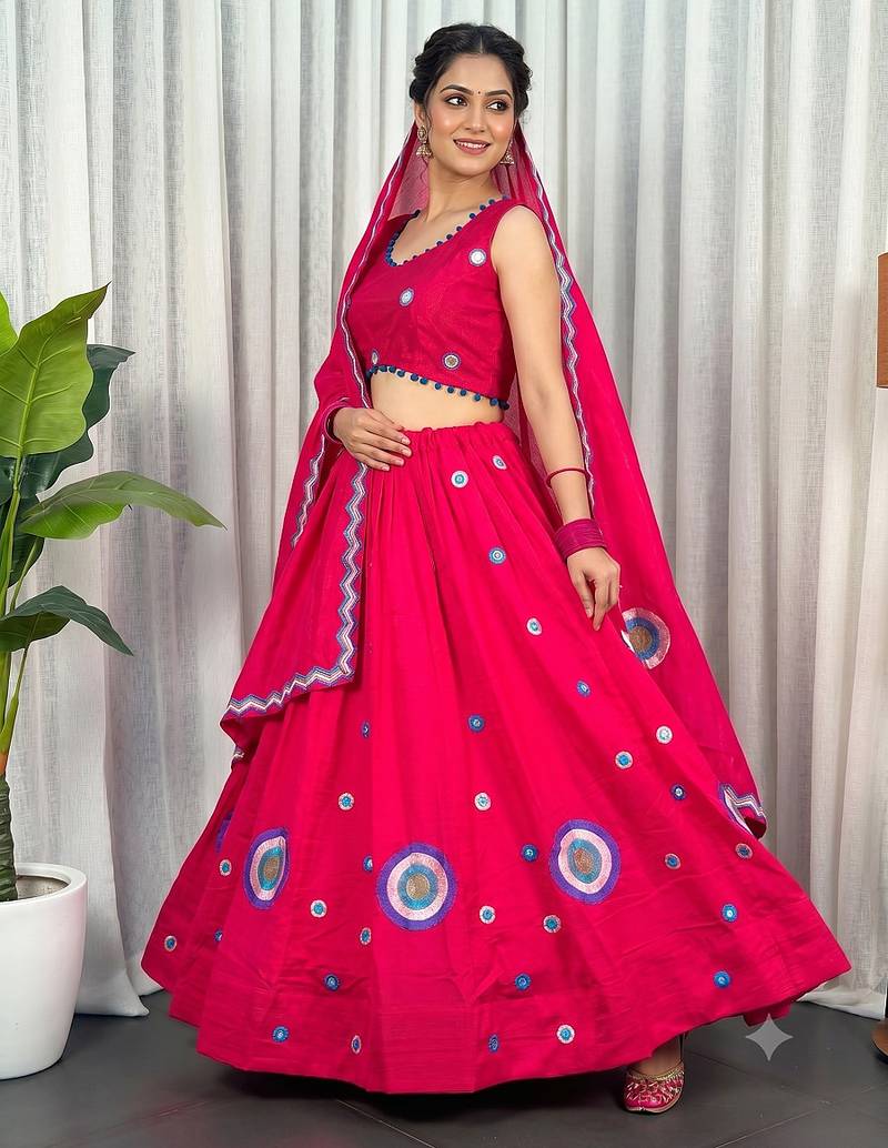 Rani Pink silk blend Lehenga Choli with Circular Embroidery & Scalloped Dupatta