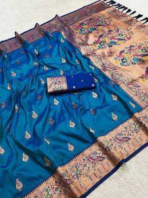 Blue  faux banarasi silk saree with paithani rich weaved pallu and blouse 2