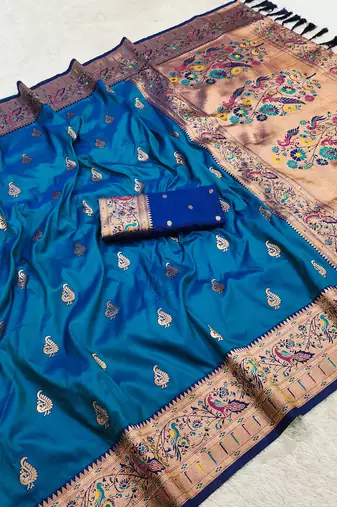 blue faux silk blend saree with paithani rich weaved pallu and blouse