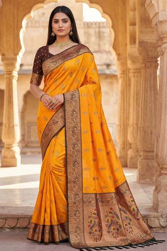 yellow faux silk blend saree with paithani rich weaved pallu and blouse