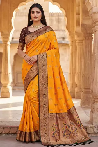 Yellow faux banarasi silk saree with paithani rich weaved pallu and blouse