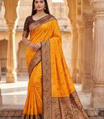 Yellow faux banarasi silk saree with paithani rich weaved pallu and blouse