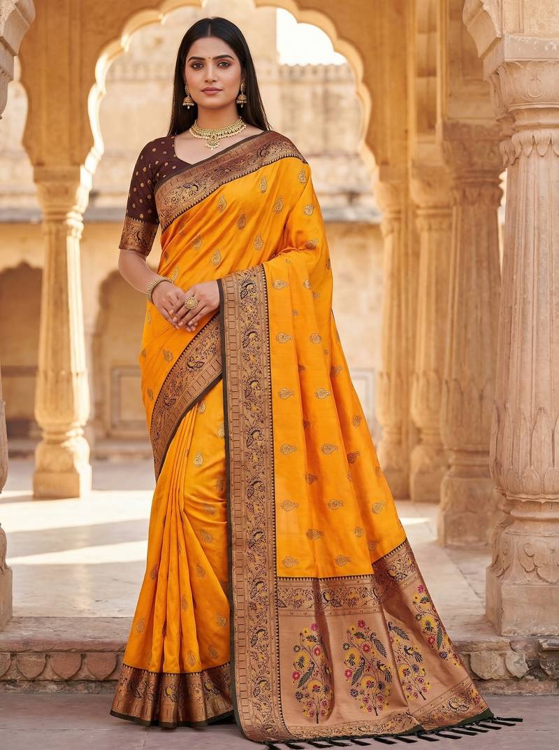 Yellow faux banarasi silk saree with paithani rich weaved pallu and blouse