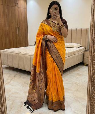 Yellow faux banarasi silk saree with paithani rich weaved pallu and blouse 2