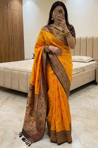 Yellow faux banarasi silk saree with paithani rich weaved pallu and blouse