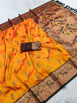 Yellow faux banarasi silk saree with paithani rich weaved pallu and blouse 3