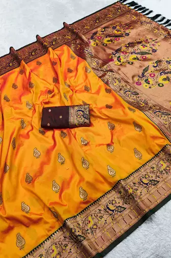 Yellow faux banarasi silk saree with paithani rich weaved pallu and blouse