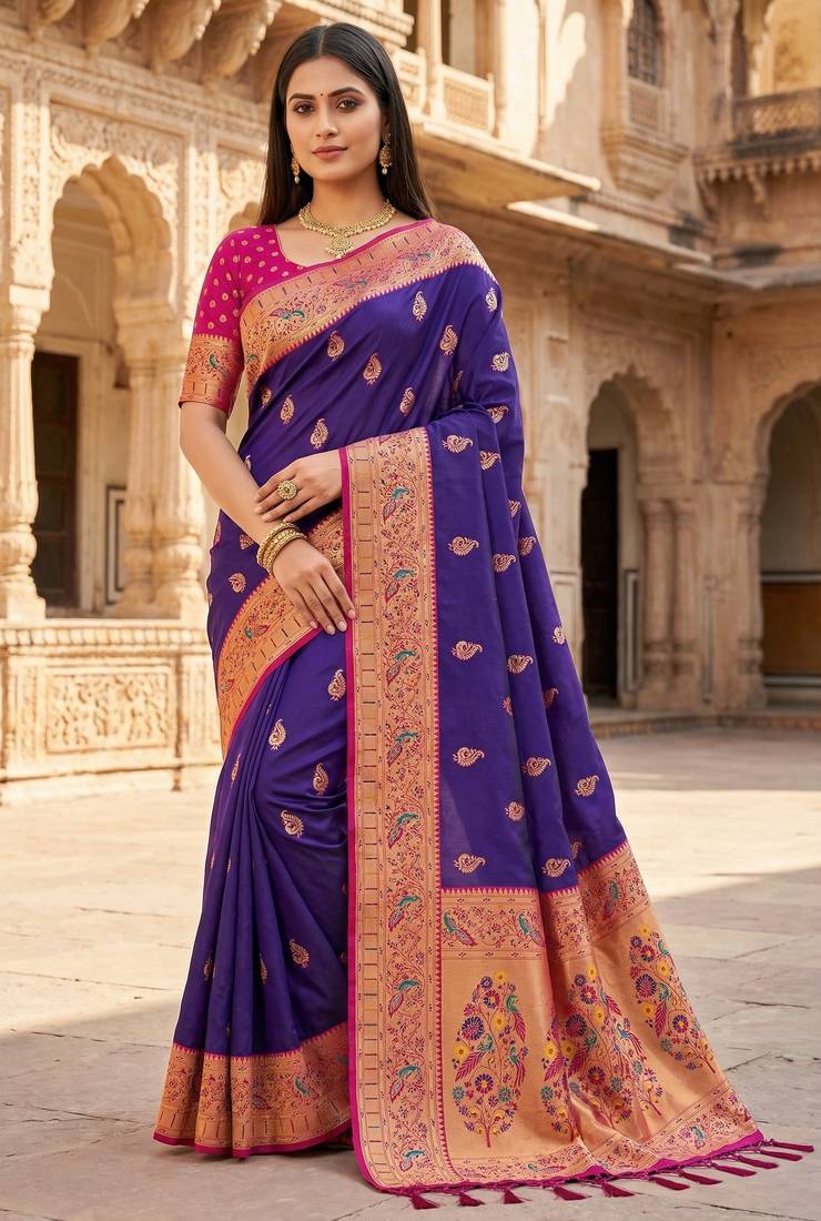 Purple   faux banarasi silk saree with paithani rich weaved pallu and blouse