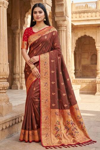brown faux silk blend saree with paithani rich weaved pallu and blouse