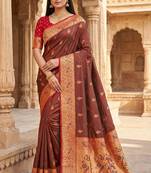 Brown faux banarasi silk saree with paithani rich weaved pallu and blouse
