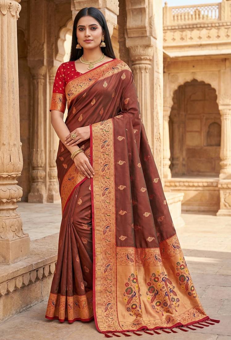 Brown faux banarasi silk saree with paithani rich weaved pallu and blouse