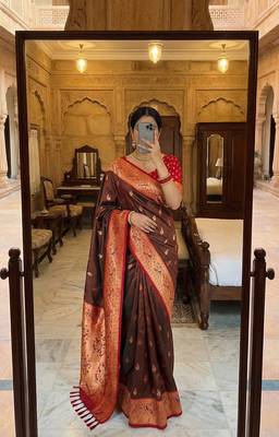 Brown faux banarasi silk saree with paithani rich weaved pallu and blouse 2