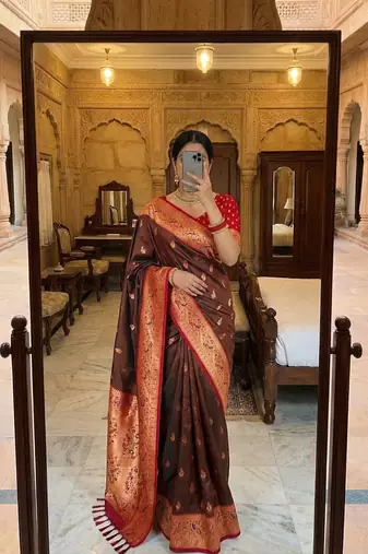 Brown faux banarasi silk saree with paithani rich weaved pallu and blouse