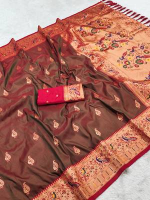 Brown faux banarasi silk saree with paithani rich weaved pallu and blouse 3