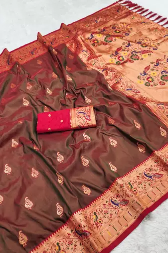 Brown faux banarasi silk saree with paithani rich weaved pallu and blouse