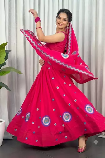 Rani Pink silk blend Lehenga Choli with Circular Embroidery & Scalloped Dupatta